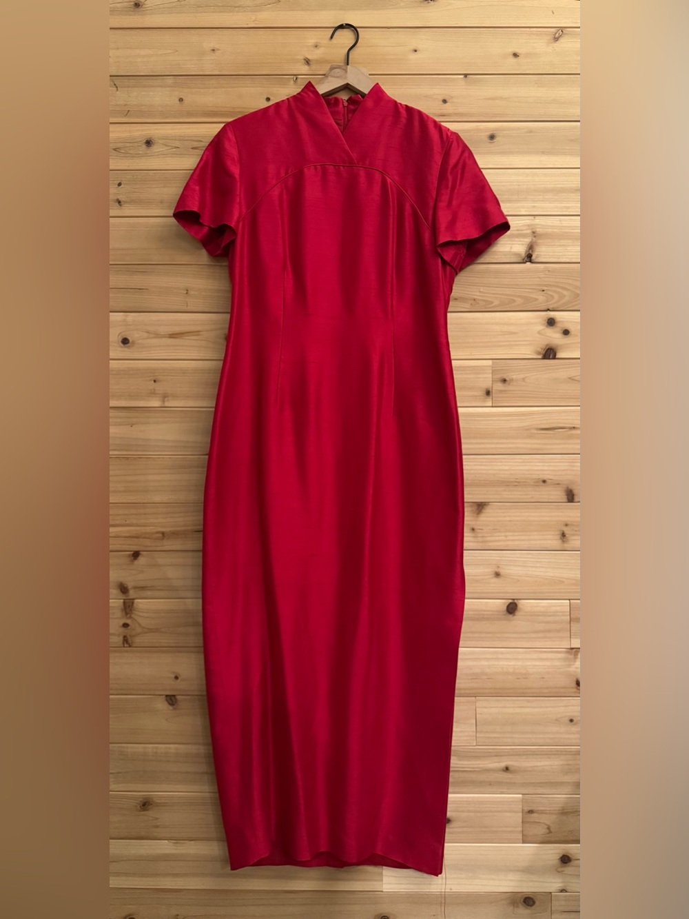 Vintage Medium Red 100% Silk Mandarin High Neck Maxi Dress Holidays Festive